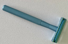 Load image into Gallery viewer, Artic Sky or light blue metal safety razor. Comes with 5 disposable blades. Great for close shaves.