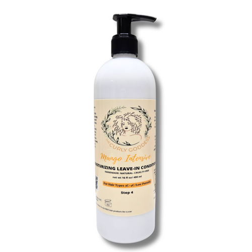 Curly Goddess Leave-In Conditioner label highlighting natural ingredients for moisture and strength in curly hair.