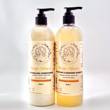 Load image into Gallery viewer, Detangling Conditioner and Hydrating Cleansing Shampoo Combo. 16 fluid ounces each. Comes with easy pump application. Step 1 and 2 in multi-step curly wash and go system. All ingredients are all-natural. 
